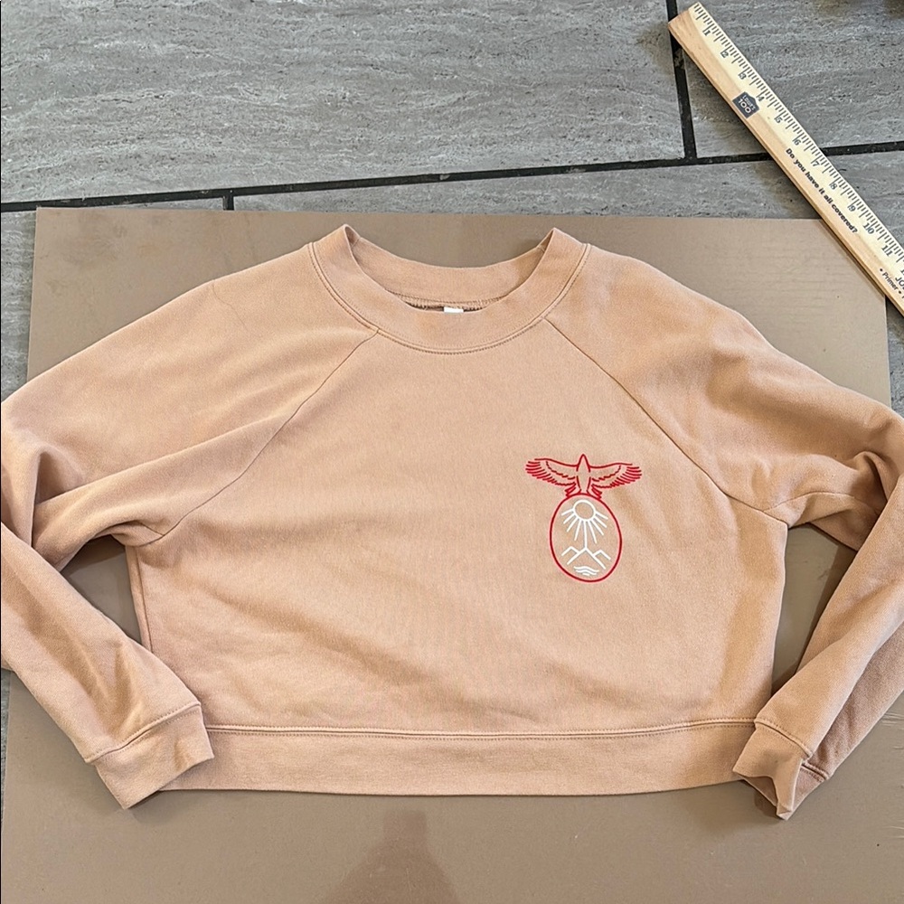 Bella Canvas Cropped Peach Sweatshirt with Red Logo size small